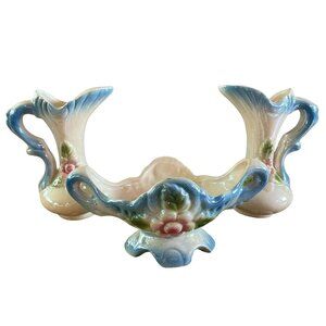 Vintage Set of 3 Vase Set, Blue Ceramic Pink Rose Planter Set Pitcher Home Decor